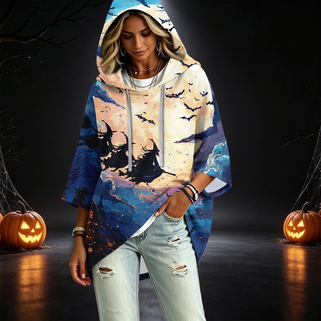 Women's Halloween Print Hooded Pullover Top with 3/4 Sleeves