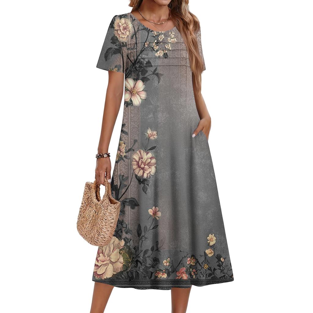 Ladies' Floral Printed Casual And Fashionable Short Sleeved Round Neck Dress