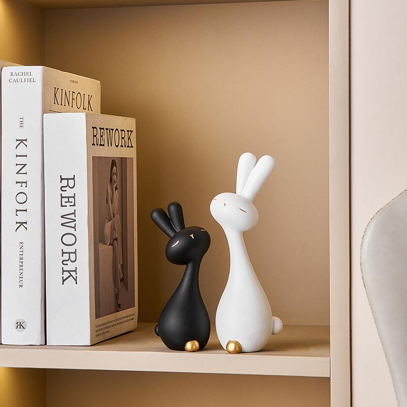 Black and White Rabbit Desktop Small Ornament Resin Handicrafts Office , Living Room Decoration Creative Soft Decoration