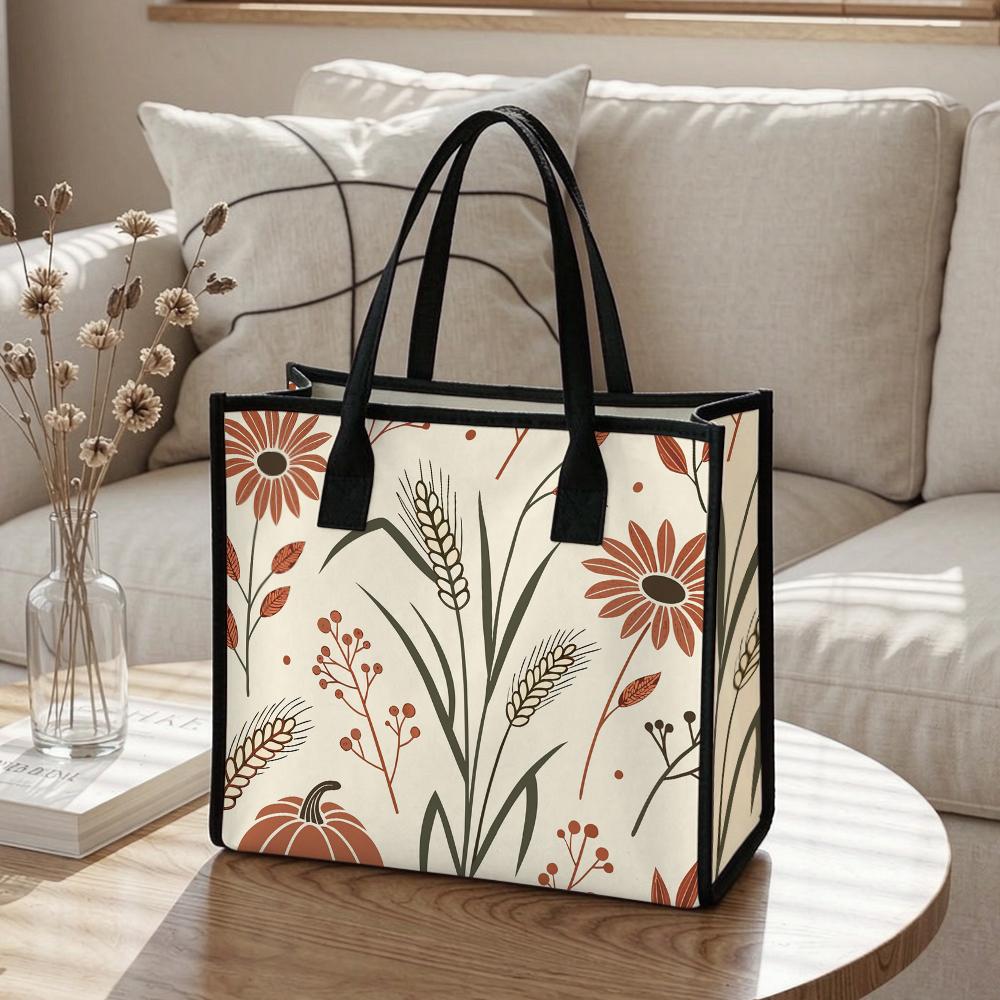 Fall Floral Wheat Pumpkin Tote Bag Casual Large Capacity Reusable Daily Handbag for Women Autumn Outdoor Shopping Travel