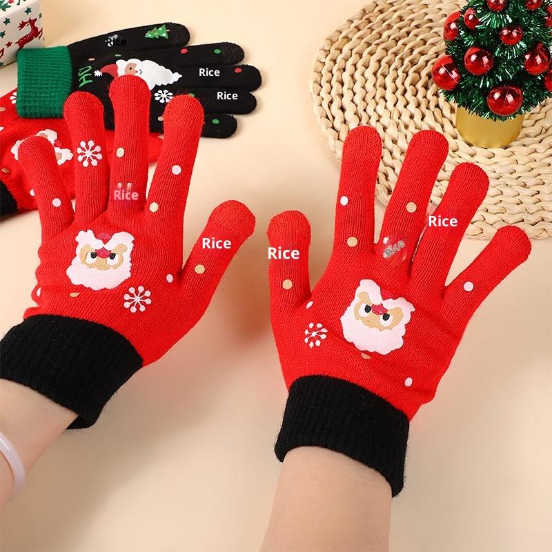 Christmas Cartoon Knitted Gloves Santa Claus Print Gloves Winter Warm Touchscreen Gloves For Kids Adults Xmas Gift