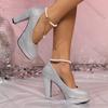 Mode Luxus Silber Rot Super High Heel Pumps Damen Übergröße Perle Knöchelschnalle Partyschuhe Sommer Eckige Zehen Chunky Plateaupumps