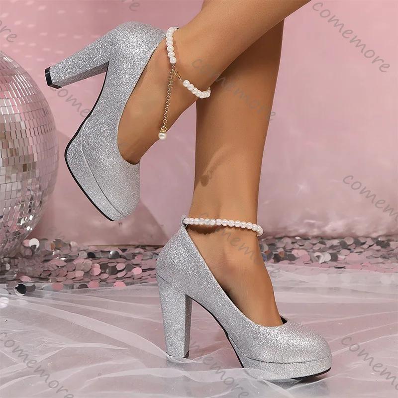 Mode Luxus Silber Rot Super High Heel Pumps Damen Übergröße Perle Knöchelschnalle Partyschuhe Sommer Eckige Zehen Chunky Plateaupumps