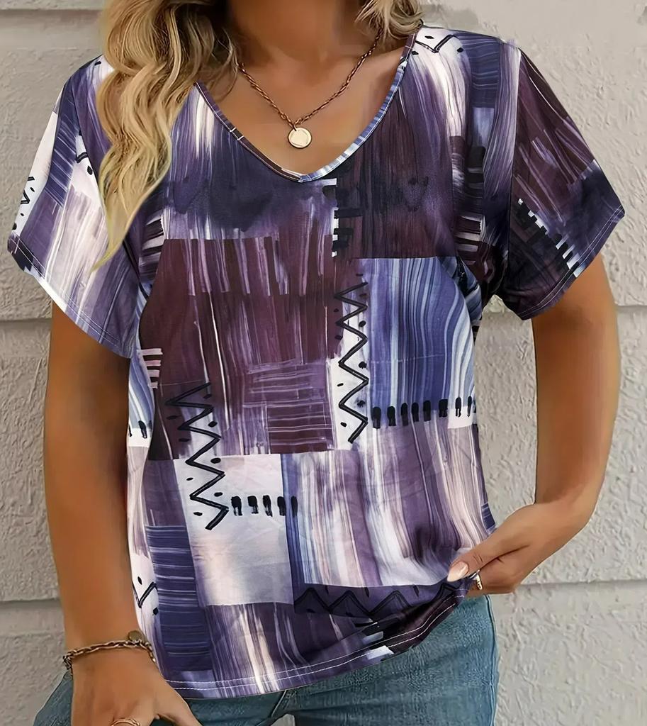 S-8XL Plus Size T-shirt for Women's Summer Leisure Simple V-neck Plaid Short Sleeve Top Loose Casual Ladies T-shirt Pullover