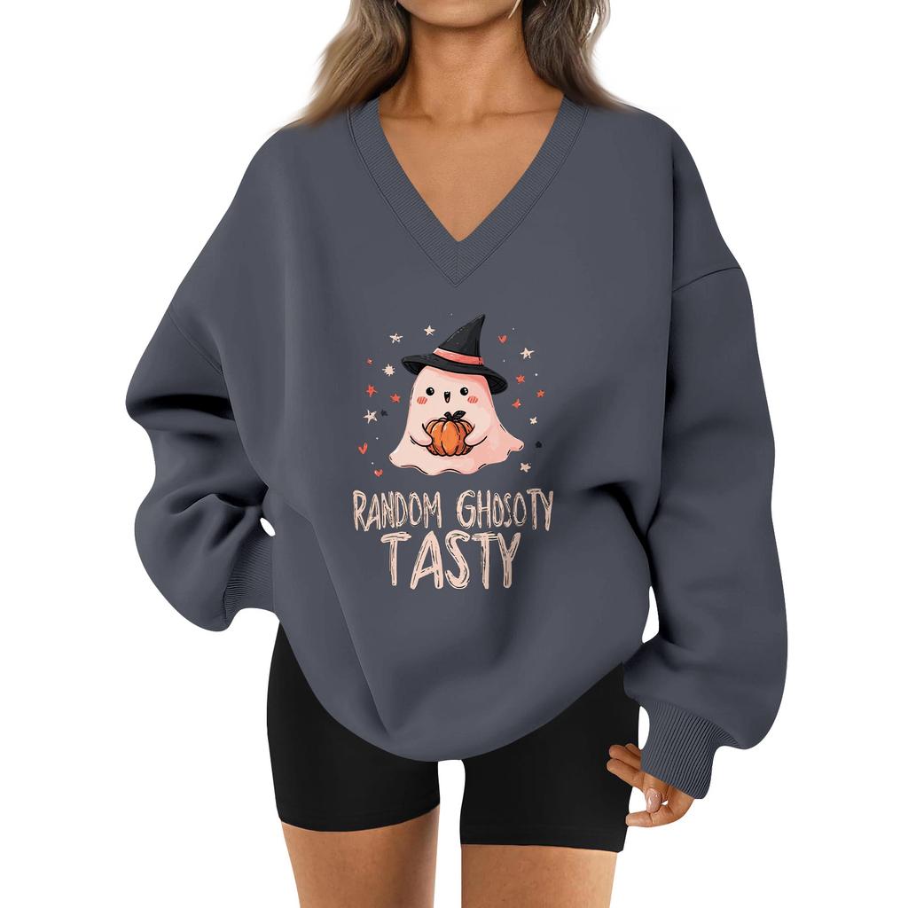 Women's V-neck Dropped Shoulder Halloween Print Sports Sweatshirt Top