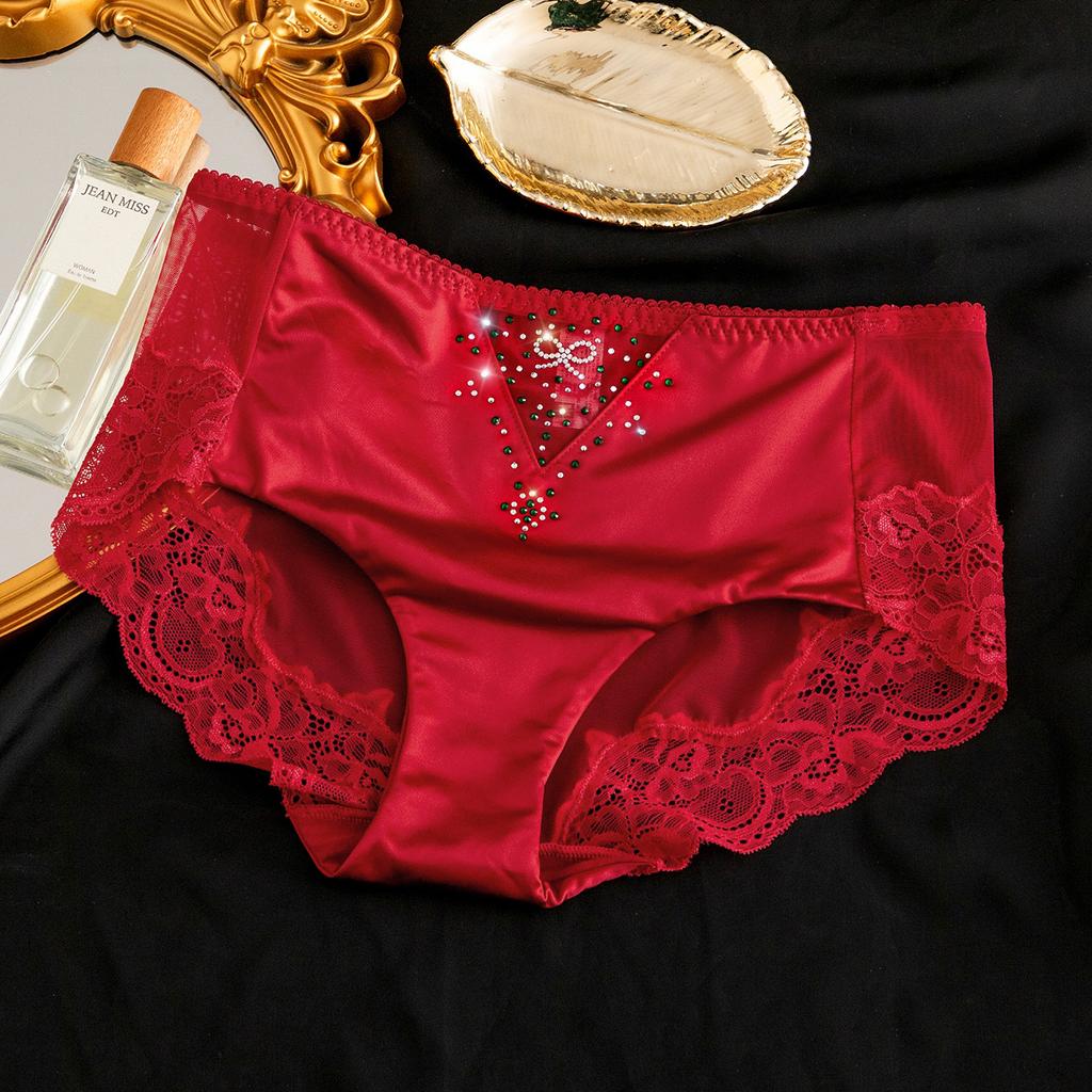 Mit Diamanten verzierte Mid-Waist-Spitzen-Slips Sexy und atmungsaktive Damen-Triangel-Slips