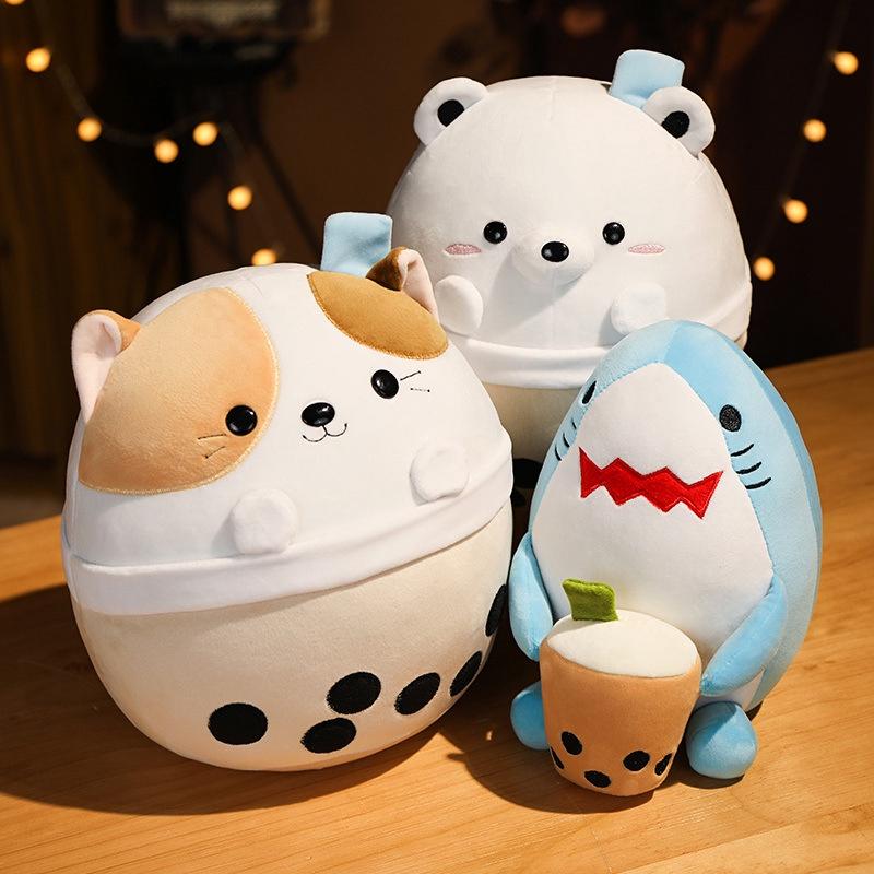 Cuddly Bubble Tea Boba Cup Squishmallow Plush Toy Bear Shark Cat