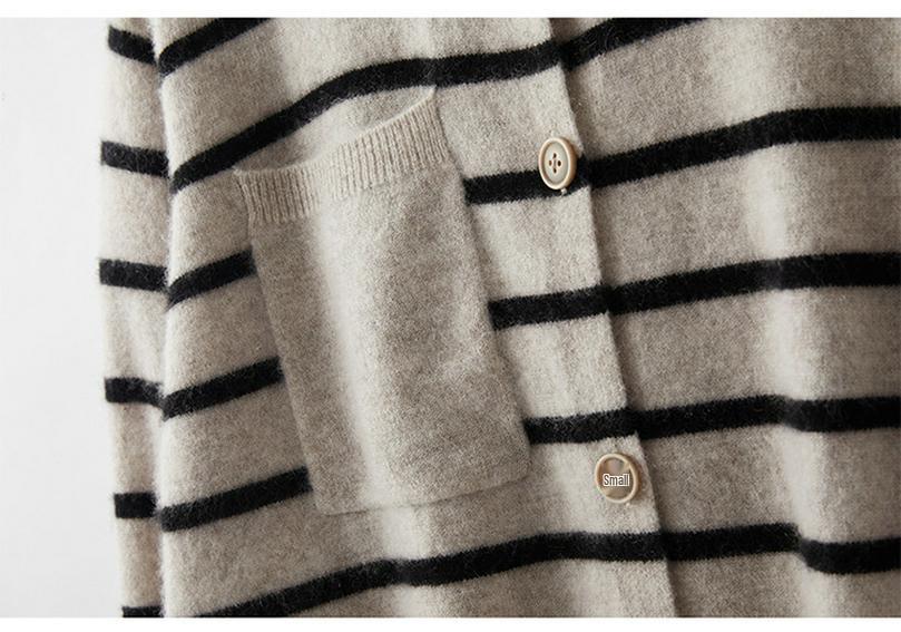 Women's Slimming Cashmere Cardigan - Color Block Stripes, Round Neck, Loose Fit