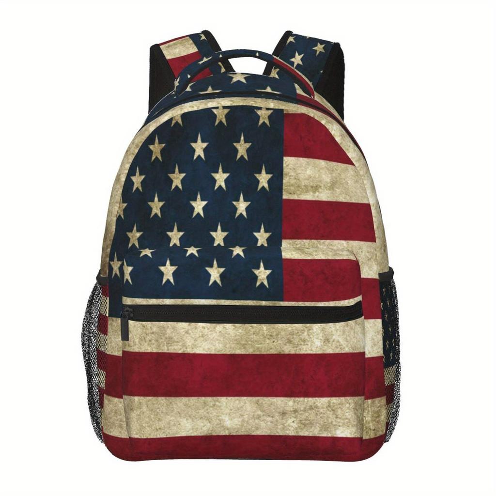 Men's Vintage American Flag Backpack | Durable Polyester | Lightweight, Large Capacity Zippered Compartments & Side Pockets