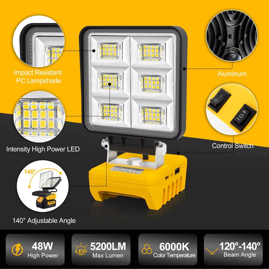 5200LM Portable 48W LED Work Light Cordless Work Light Adjustable Base Rechargeable LED Flood Light for DeWalt No Battery