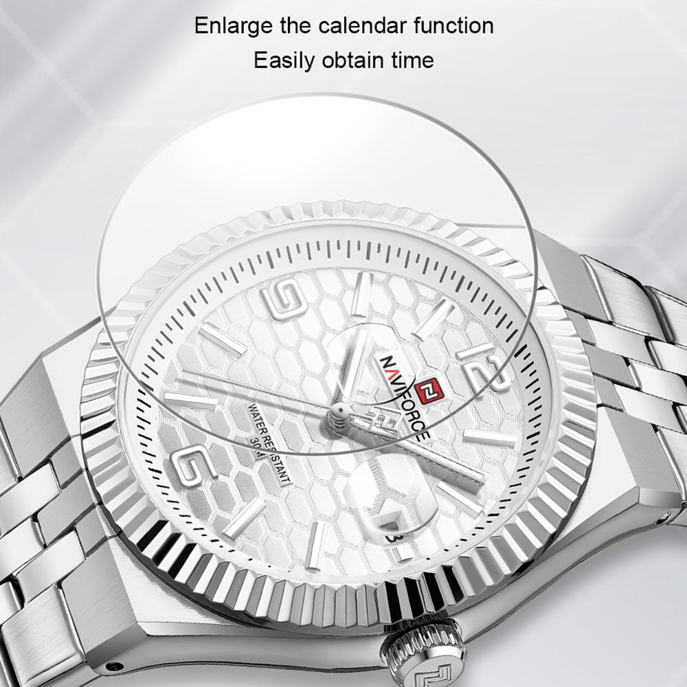 NAVIFORCE Original Men Quartz Watch Calendar Stainless Steel Strap Luminous Hands Honeycomb Dial Design Waterproof 3ATM Men Watch NF9277