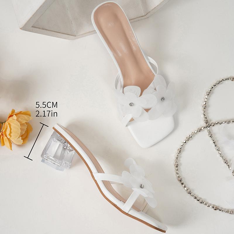 Zapatillas de Verano de Punta Cuadrada con Tacón Alto para Mujer, Decoración de Flores Blancas, Sandalias Transparentes con Tacón, Zapatos de Vestir de Fiesta de Moda para Mujer