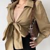 European and American Style Sexy Cross V-neck Tied Lantern Sleeve Shirt Women's High Waisted Short Lapel Top