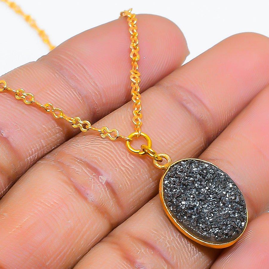 

Pyrite Druzy Gemstone Handmade 925 Sterling Silver Jewelry Necklace 20 GK-5007