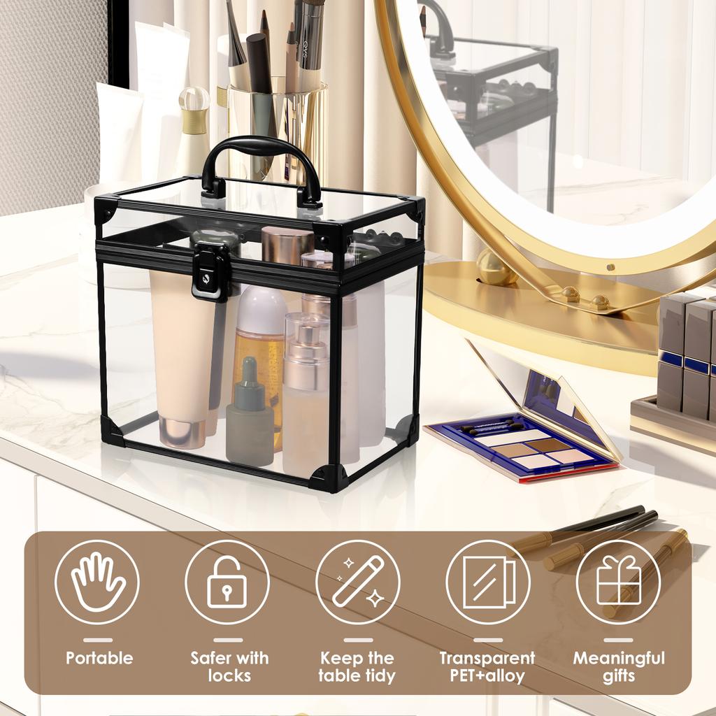 Clear Organizer Box with Lock and Key Portable Large Capacity Durable Multifunctional Cosmetics Toiletry Storage Box with Handle