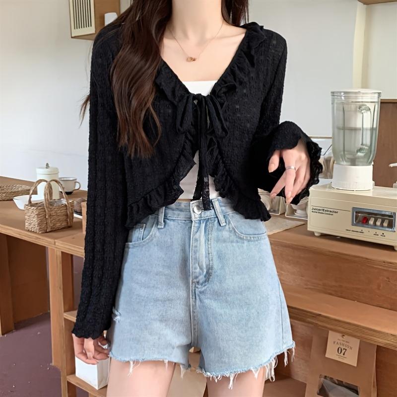 Elegante e Carino Cardigan Sottile con Laccetti e Pizzo, Top Sottile Traspirante con Maniche Lunghe in Chiffon e Volant per Donna, Mantellina Estiva