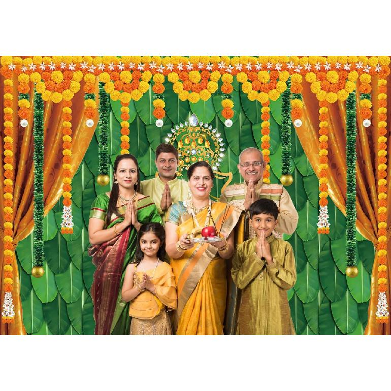 Indian Pooja Traditional Backdrop Diwali Ganpati Ganesh Marigold Puja Photography Background Green Banana Leaves Adult Religious Service Weeding