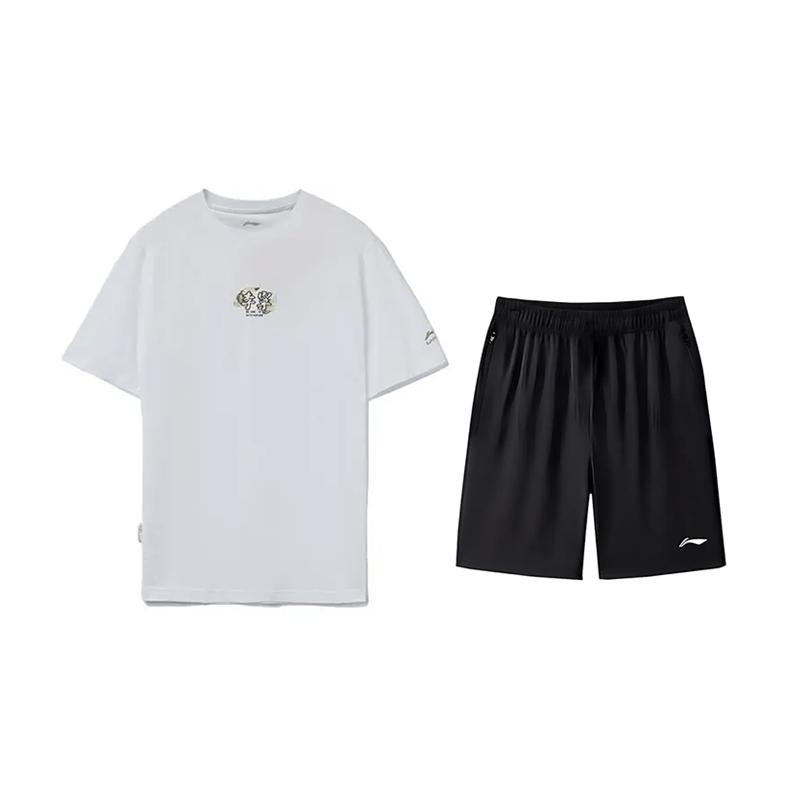 

Li-Ning Embroidered Logo Round Neck Pullover Short Sleeve Fashion Breathable Versatile Shorts Casual Sports Suit Unisex suit AHST821-1+AKSV843-1 XXL