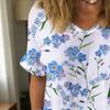 Women T-shirt V-neck Short Sleeve Flower Printed Tee Shirt Loose Fit Dropped Shoulder Sleeve