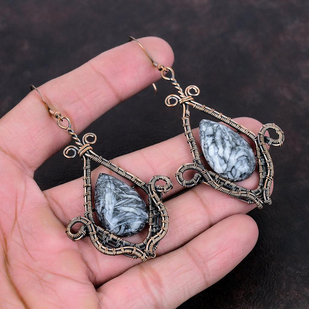 Brinco Pinolith Jasper Brincos Enrolados em Fio de Cobre Joias com Pedras Preciosas Brinco Elegante Feito à Mão Pinolith Jasper Joias de Cobre Presente de Casamento