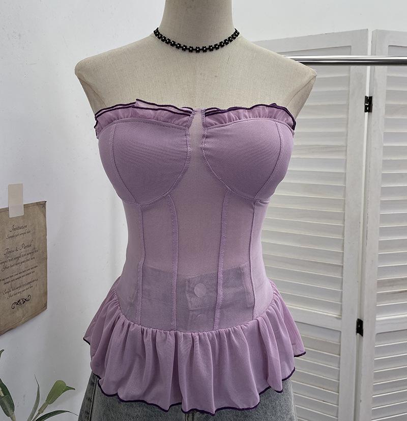 Polka Dot Mesh Bandeau Top with Padded Bustier and Open Back