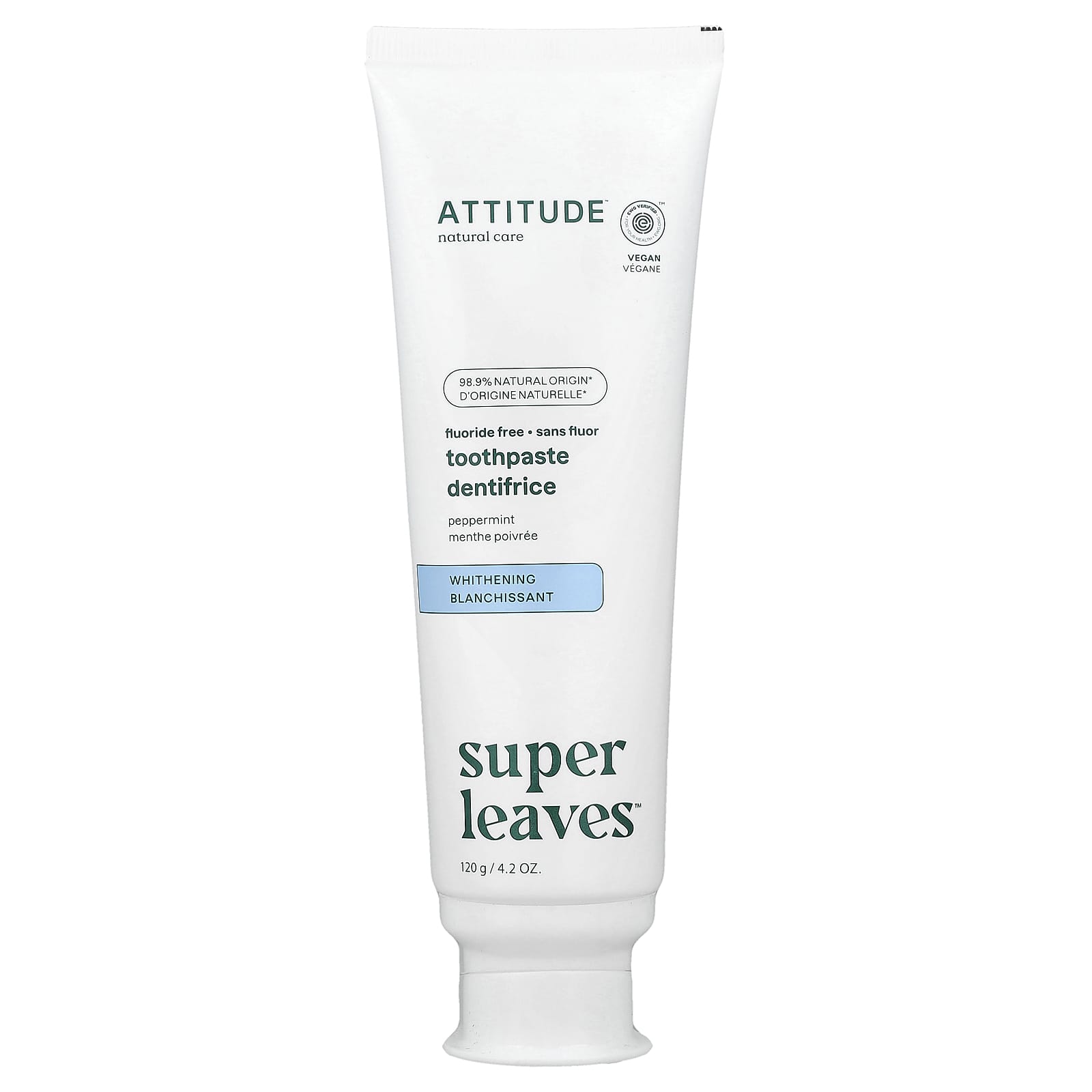 

ATTITUDE, Super Leaves™, Fluoride-Free Whitening Toothpaste, Peppermint, 4.2 oz (120 g)