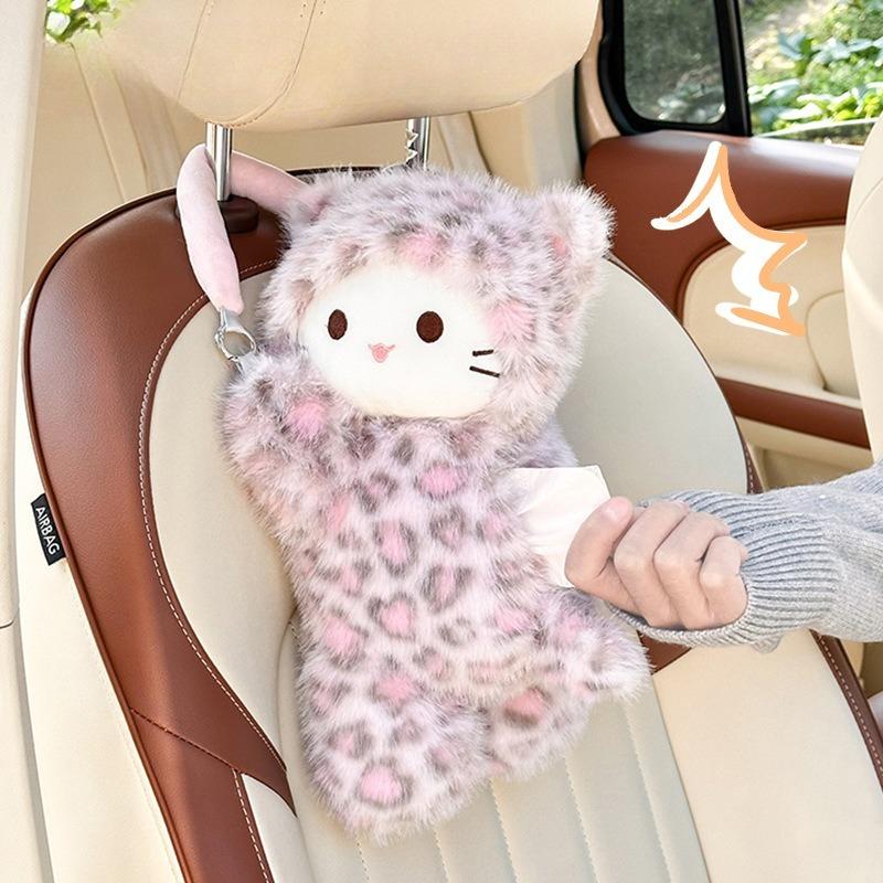 Leopard Print Cat Tissue Plush Universal Car Tissue Hanger Doll Creative Hanging Tissue Holder Vehicle Tissue Case Paper Box
