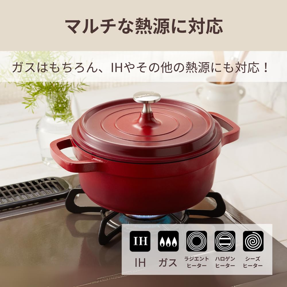Mannen Gioia 24cm Double-Handled Pot, Induction Compatible, Casserole with Lid, Ideal for Stewing and Curry, Stylish Red, XC-24RE