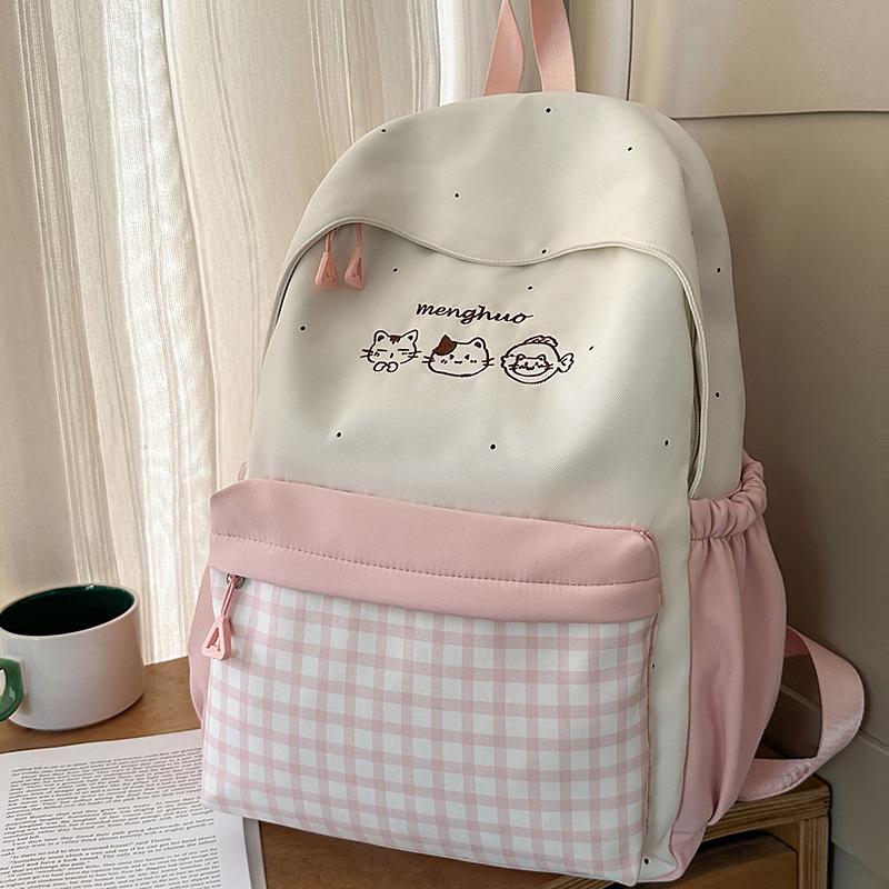 Schoolbag New Cute Cat Embroidered Backpack Female Middle and High School Students Large Capacity School Bag Campus Plaid Versatile Backpack