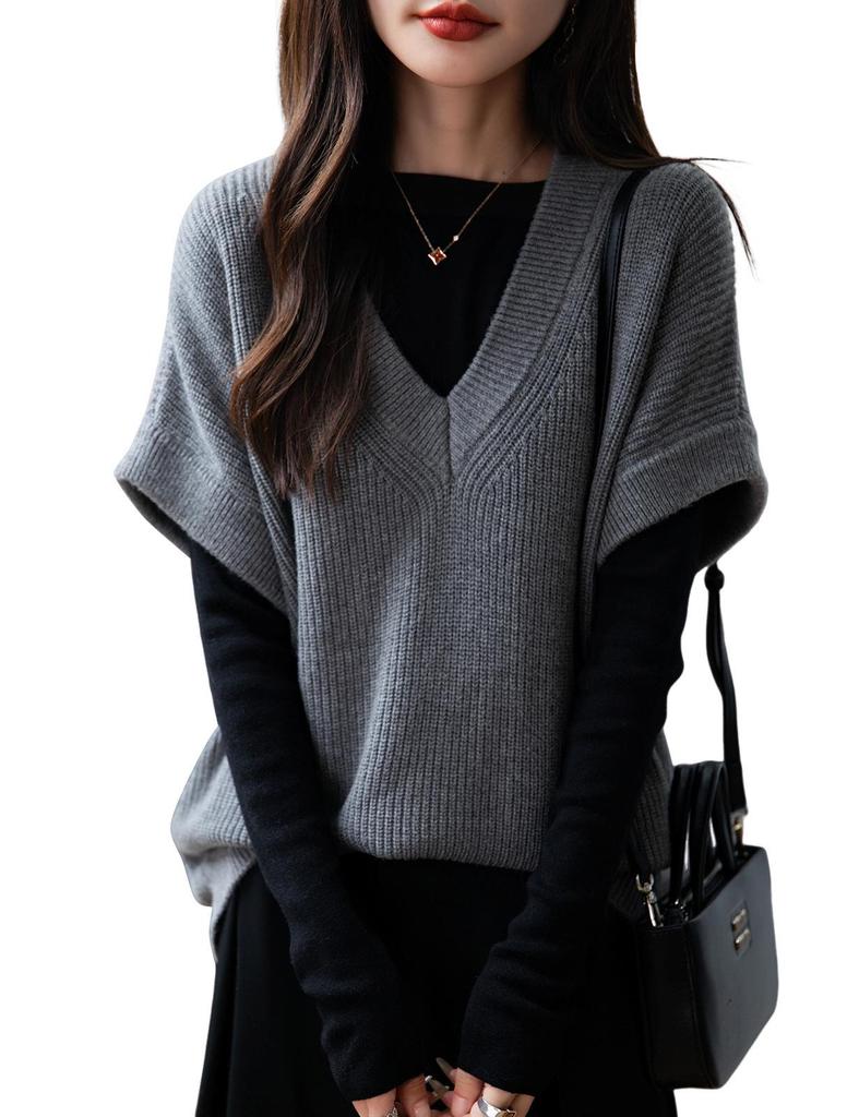 Women's V-neck Ribbed Wool Sweater Vest - Sleeveless, Loose Fit for Autumn/Winter.