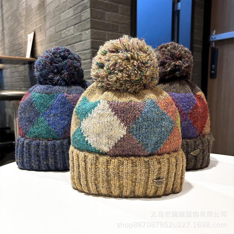 Rhombus Grid Wool Hat Women with Hairball Retro Color Autumn and Winter Warm Knitted Hat Windproof and Cold-resistant Cycling Cold Hat