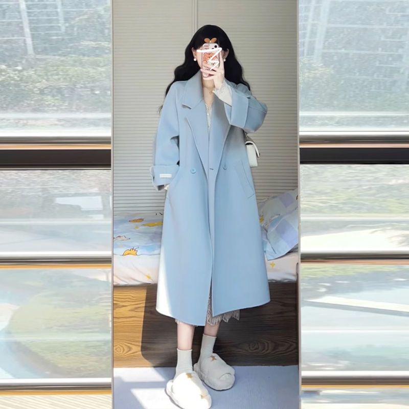 Women's Korean-Style Mid-Length Blue Wool Coat for Autumn & Winter 2025