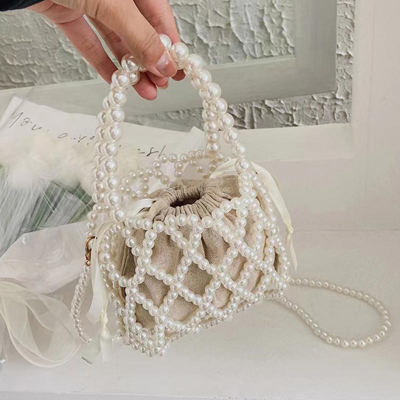 Yogodlns French Retro Handbag Fairy Woven Beaded Bucket Bag Crossbody Bag Summer Niche Design Hollowed Out Pearl Bag