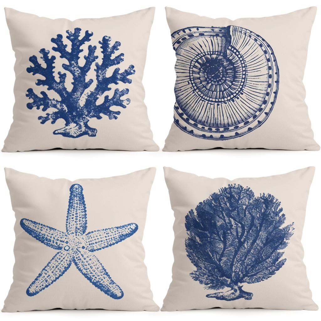 1/4pcs Blue Sea Life Abstract Pattern Cushions Pillowcase Polyester Cushion Cover Throw Pillow Pillowcover Home Car Sofa Decor