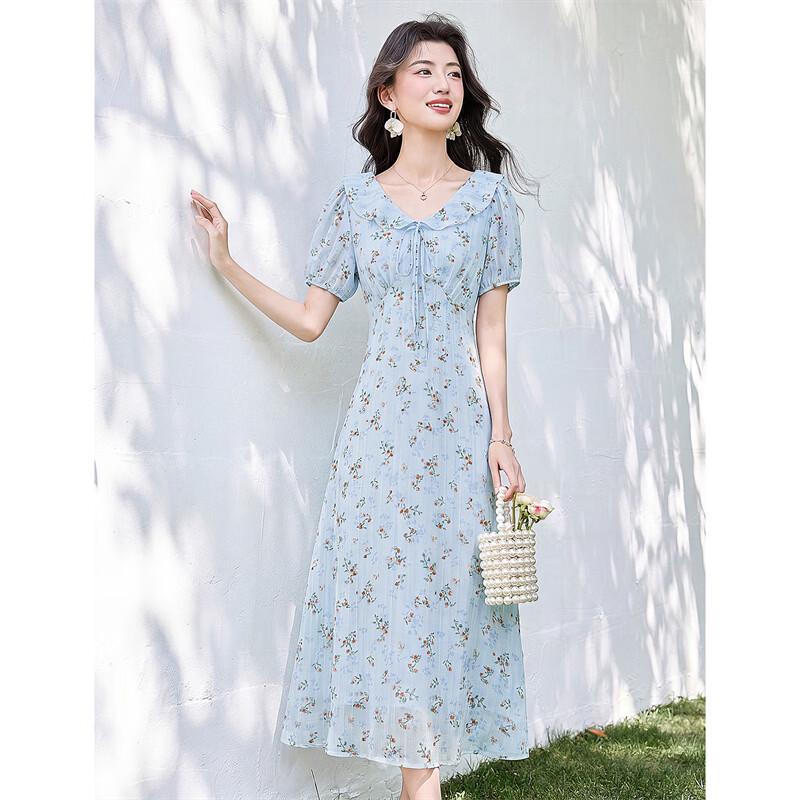 French Elegant Ruffle Tie-Waist V-Neck Printed Midi Dress