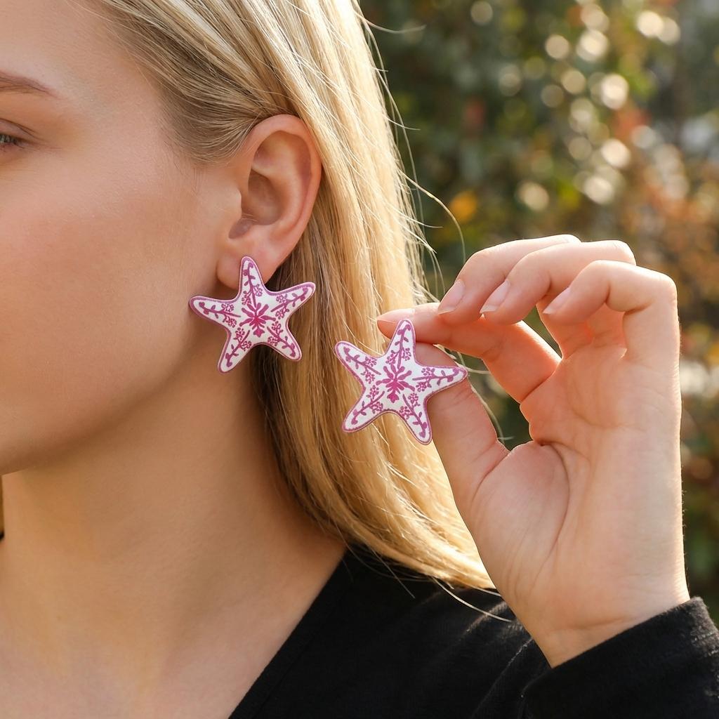 

Fashion Painted Flower Starfish Stud Earrings for Women Creative Unique Summer Enamel Marine Starfish Earrings Beach Jewelry