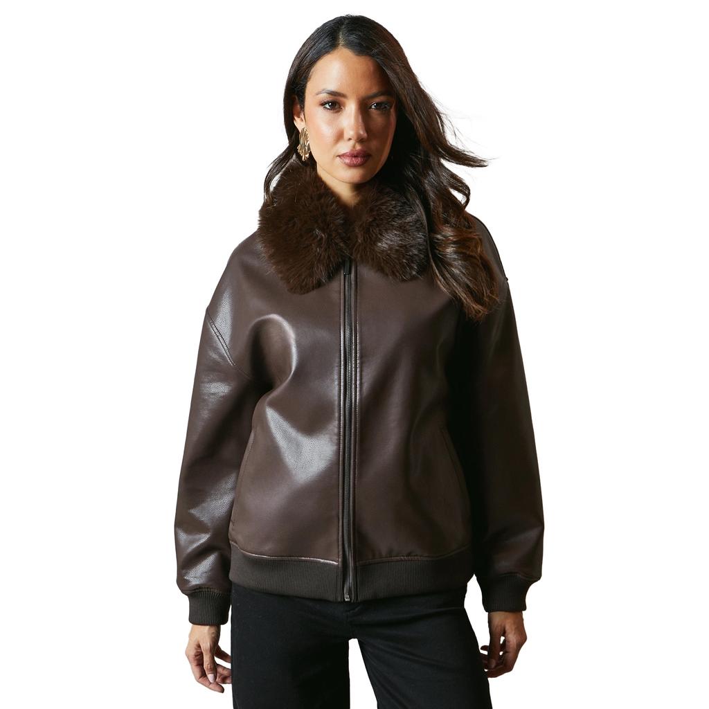 Principles Womens/Ladies Leather Faux Fur Collar Bomber Jacket