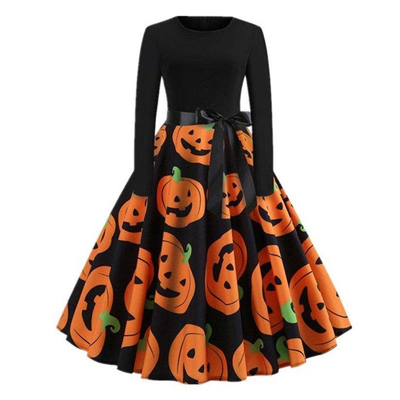Women Fashion Pumpkin Pattern Print Halloween Festival Dress Round Neck  Long Sleeve Big Swing Dress  buy at low prices in the Joom online store