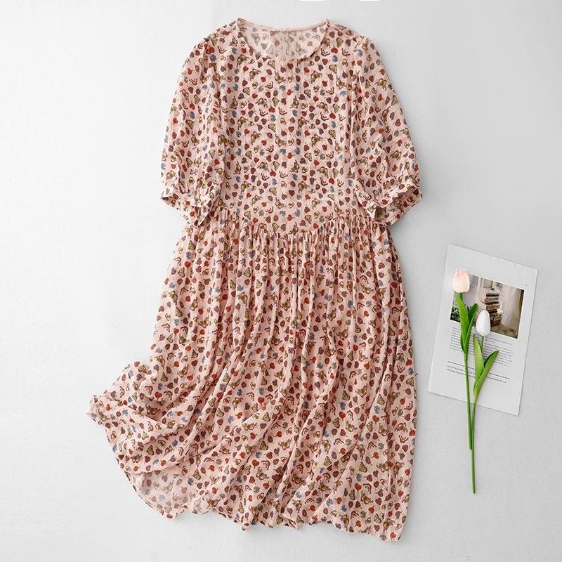 

2025 summer new printed cotton and linen dress women s loose round neck five-quarter sleeve crushed flower medium and long dress 2XL