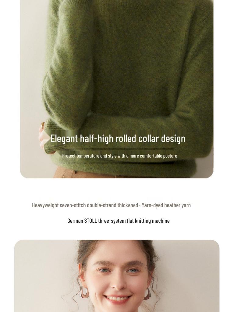 Women's Solid Color Cashmere Sweater: Floral Yarn, Half-High Neck, Rolled Hem Knit Base Layer Top.