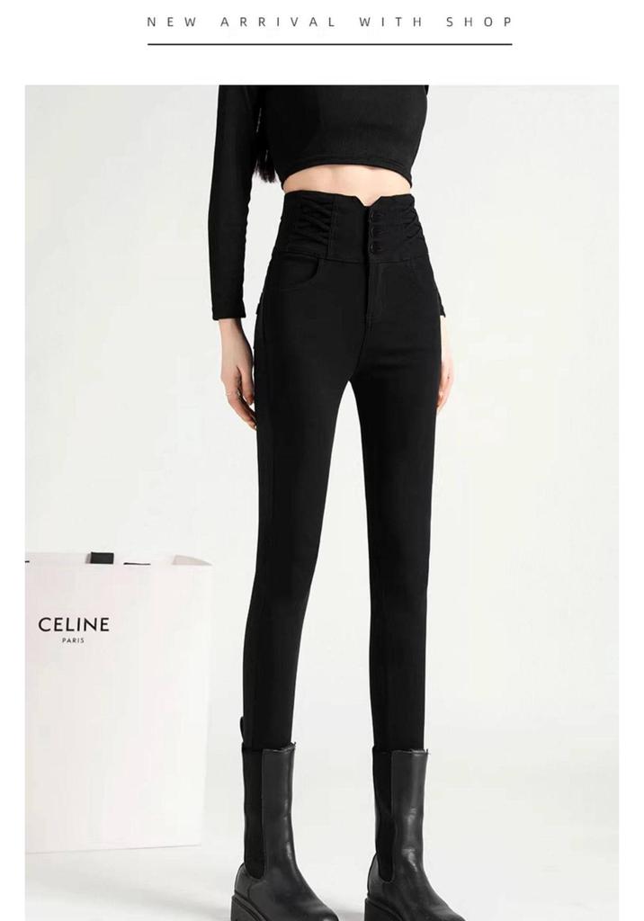Women's Black High-Waisted Velvet-Lined Skinny Pants for Autumn/Winter 2025