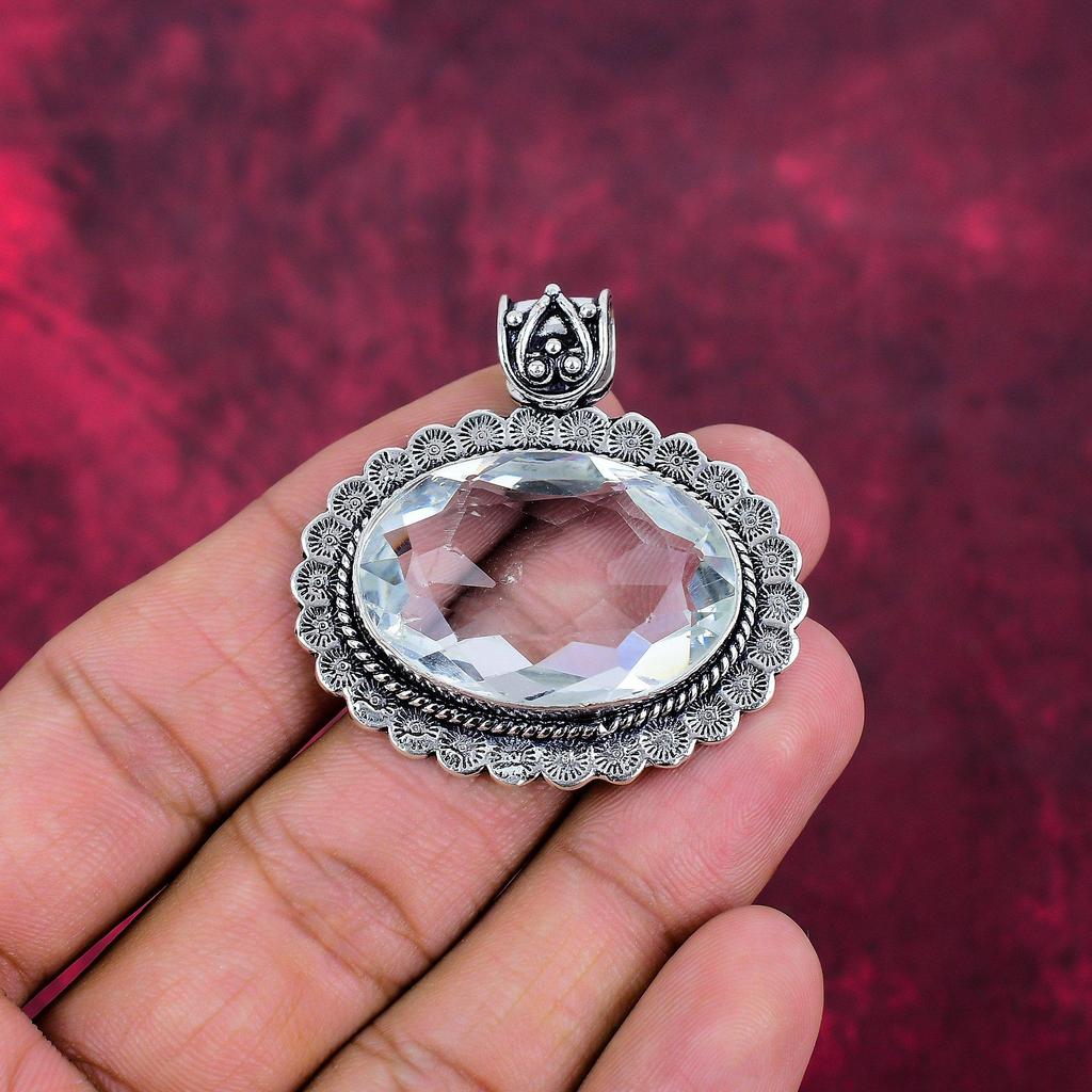 Pendentif en argent sterling massif 925 avec topaze blanche, pendentif en pierres précieuses fait à la main pour le Memorial Day