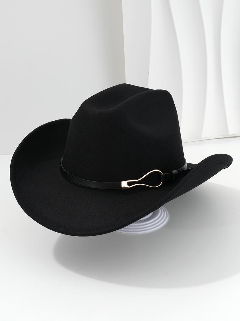Vintage Black Cowgirl Hats with Personalized Metal Buckle Leather Belt Women Men Wide Brim Jazz Caps Western Fedora Hat