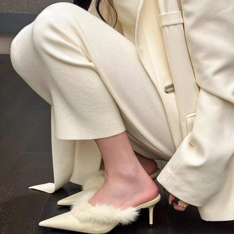 Fashion Women's Baotou Slippers Winter New Pointe Shallow Mouth Slip-on Anti-slip Wear-resistant High Heel Cotton Shoes