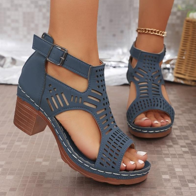 

Женская обувь 2025 года, модный комплект, женские босоножки на каблуке, новые с пряжкой на ремне для офиса и карьеры, летние сандалии большого размера на покатом каблуке 38 синий