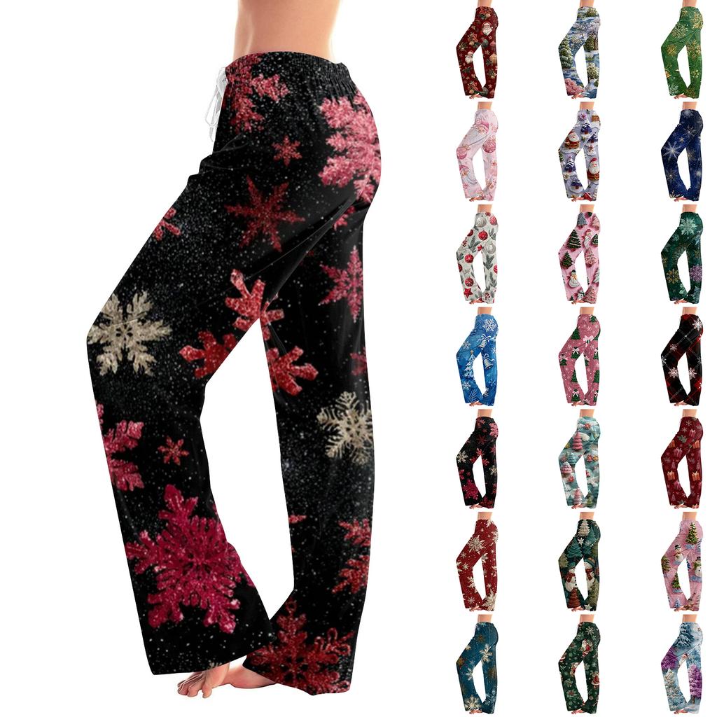 Ladies' Loose And Casual Christmas Printed Wide Leg Pants With Elastic Waistband Drawstring And Pocket Pants