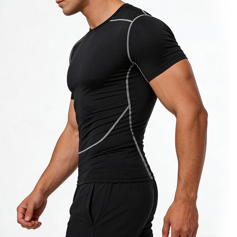 Pánské vysoce pružné, rychleschnoucí, prodyšné těsné sportovní tričko s krátkým rukávem jako základní vrstva pro běh, trénink a basketbal.