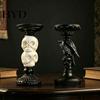 Gothic Room Accessories Halloween Candlestick Holder Decoration, Raven Skull Candle Holder, Matte Black Spooky Taper Stand for Tabletop Home