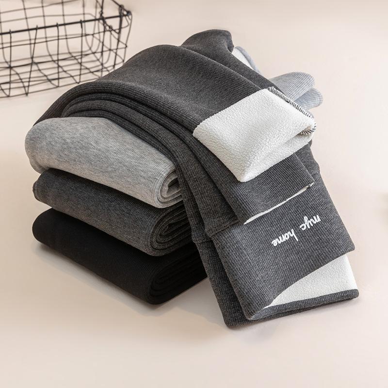 Grey lamb wool leggings women's wear autumn and winter velvet tight cotton threaded long johns small feet warm cotton pants