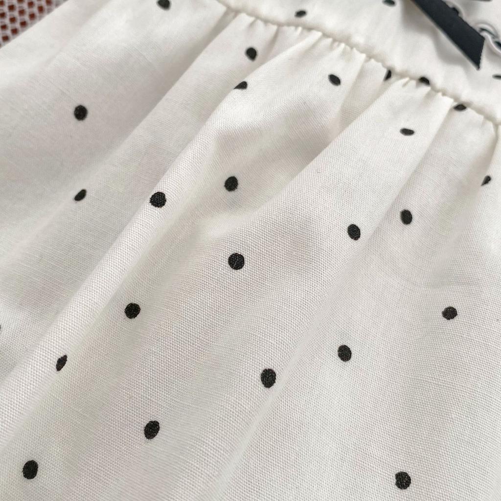 Baby Girl Summer Dotted Short Sleeve Romper with Bow and Peter Pan Collar
